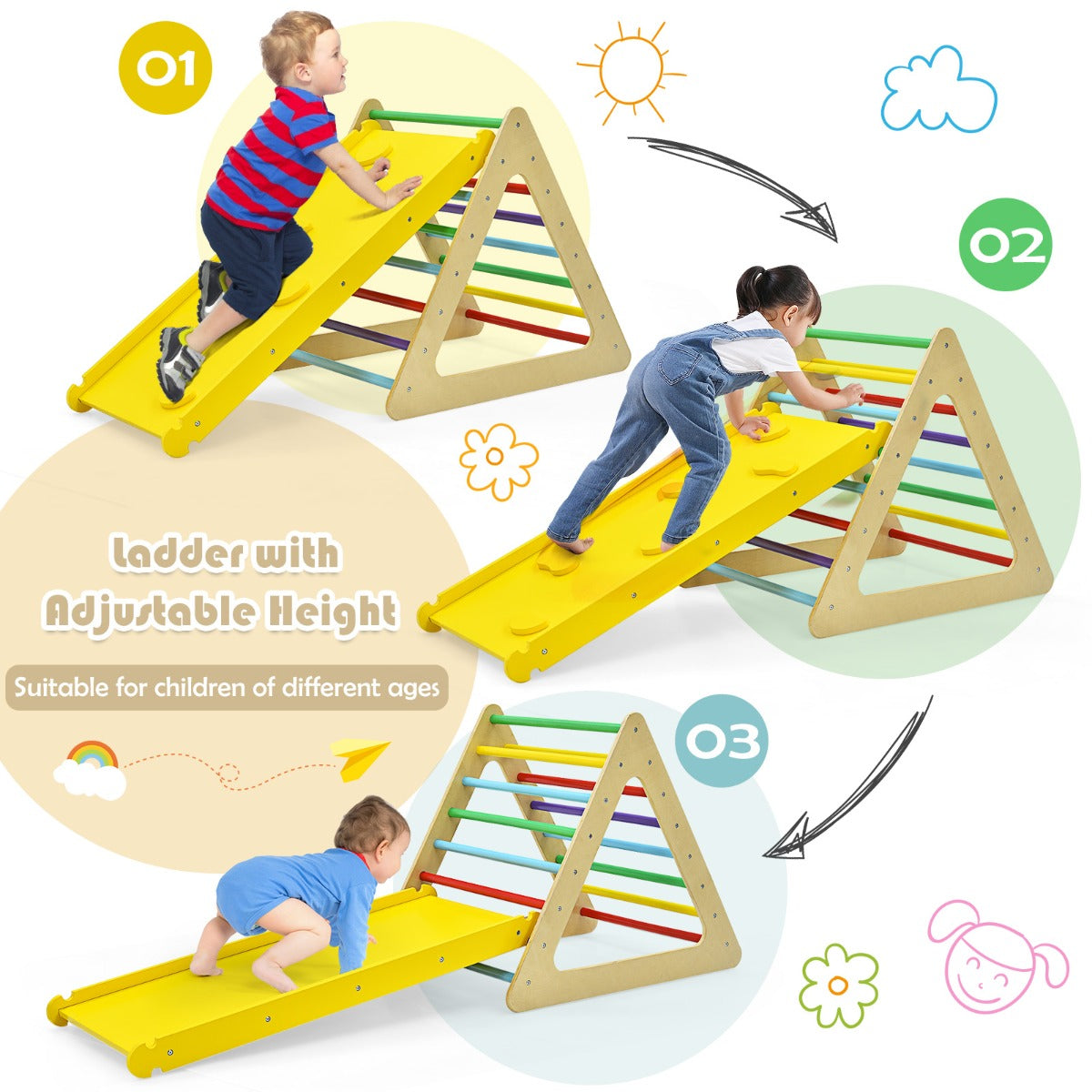 Wooden toddler climbing triangle set with ramp - versatile indoor play equipment for kids.