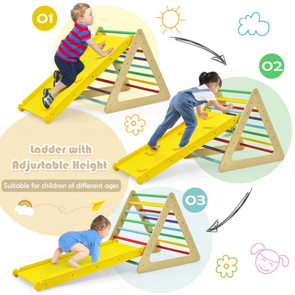 Wooden toddler climbing triangle set with ramp - versatile indoor play equipment for kids.