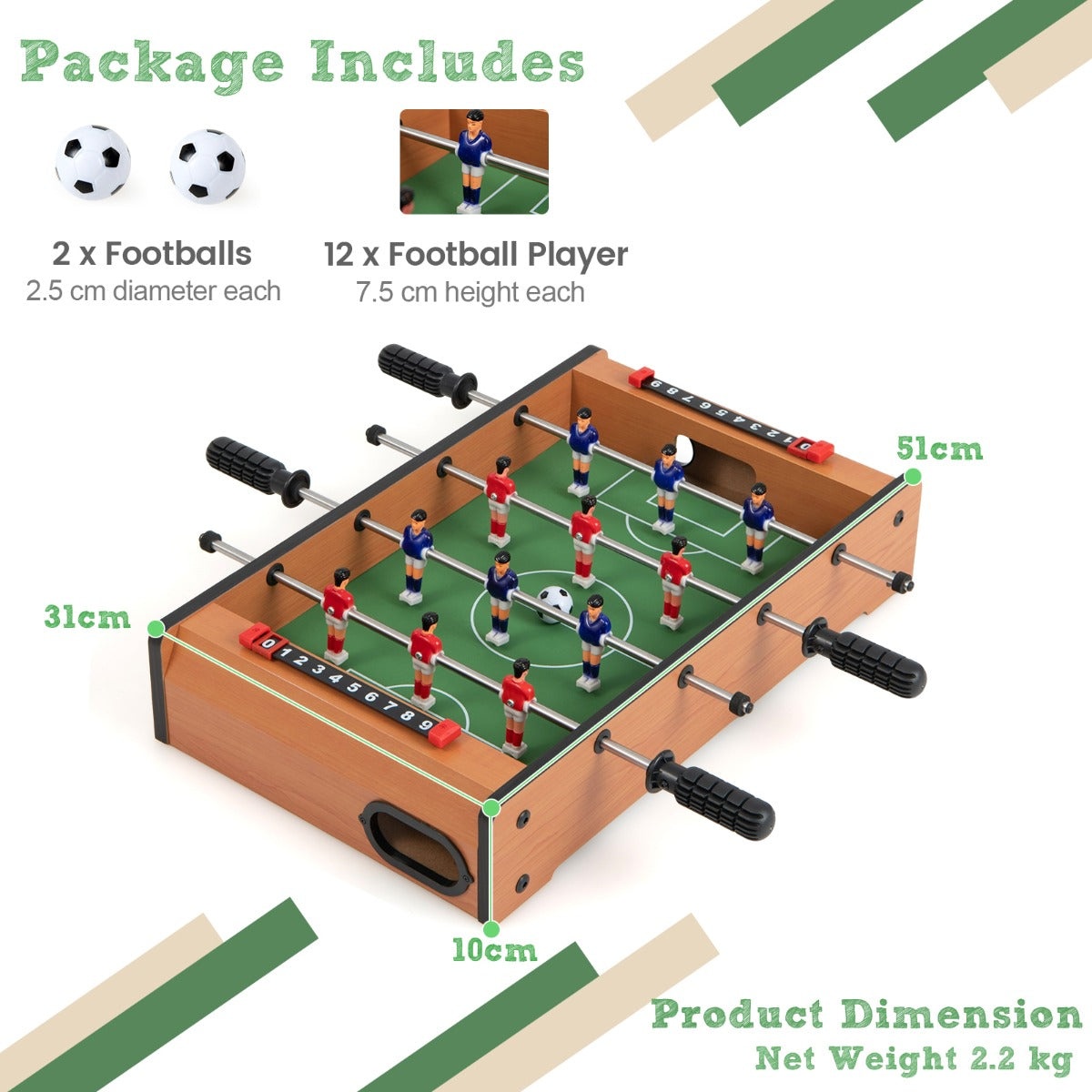 Mini tabletop foosball soccer game for kids, 51cm portable football table for home entertainment.