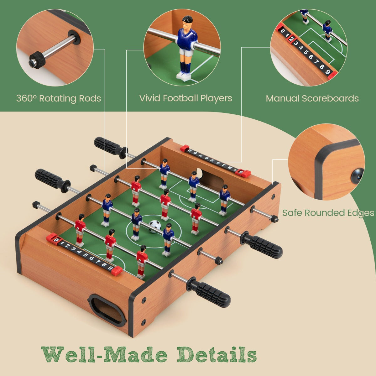 Portable mini foosball soccer game table, 51cm, ideal for kids game room entertainment.