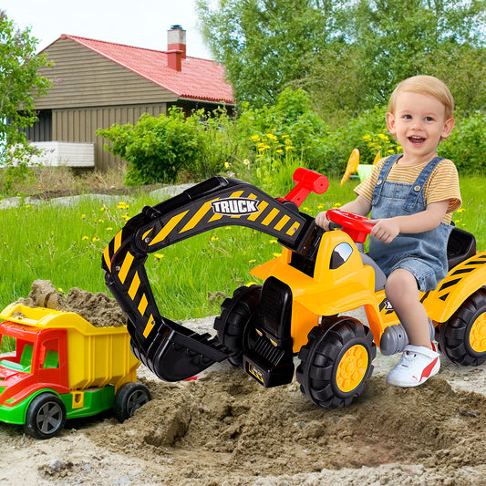 Kids ride-on excavator toy with helmet and sounds for imaginative play at home.