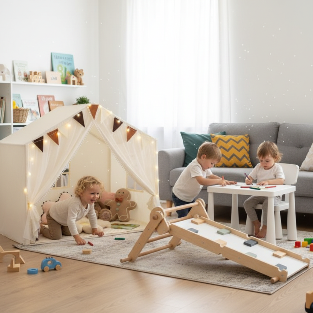 Kids Table Set, Climbing Triangle and Play Tent | White Beige