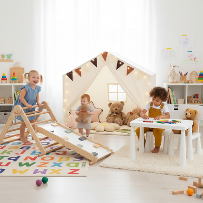 Kids Table Set, Climbing Triangle and Play Tent | White Beige
