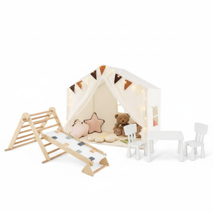 Kids Table Set, Climbing Triangle and Play Tent | White Beige