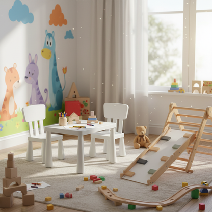 Kids Table Set, Climbing Triangle and Play Tent | White Beige