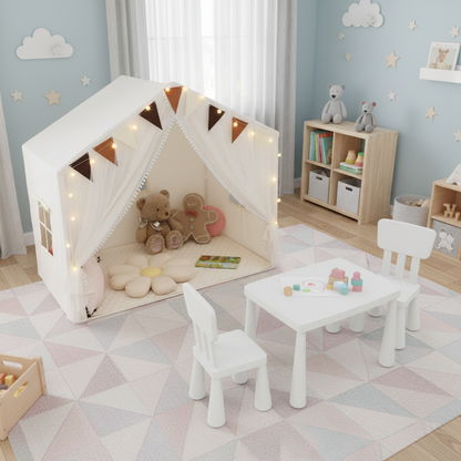 Kids Table Set, Climbing Triangle and Play Tent | White Beige