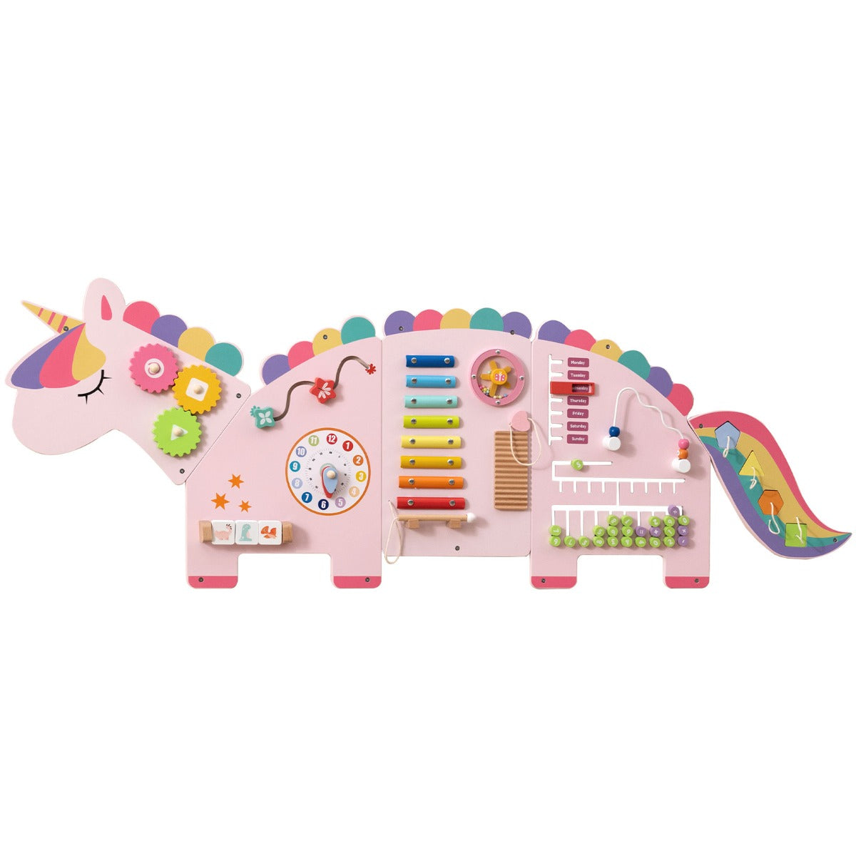 Unicorn Activity Wall Busy Board Panels 11-in-1 Montessori Wooden Sensory Board