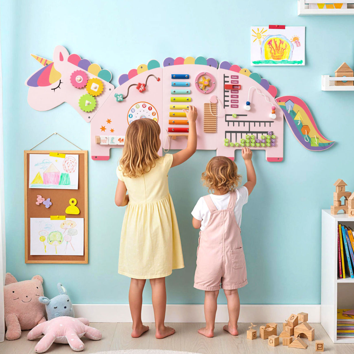 White Pink Unicorn 11-in-1 Montessori Wooden Wall Busy Board