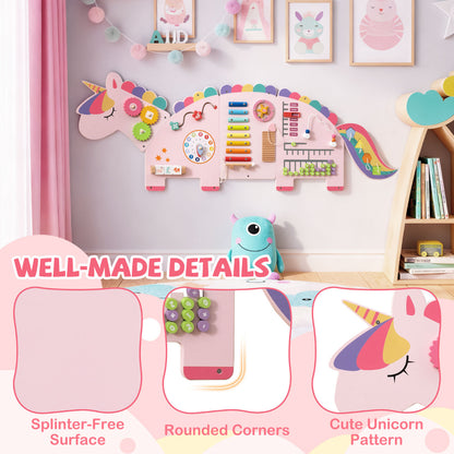 White Pink Unicorn 11-in-1 Montessori Wooden Wall Busy Board