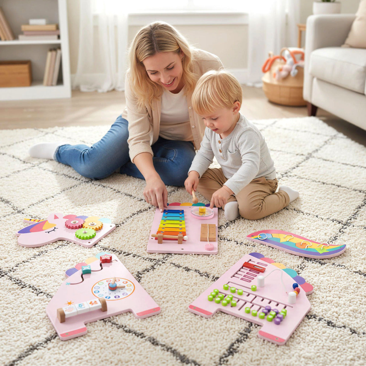 White Pink Unicorn 11-in-1 Montessori Wooden Wall Busy Board