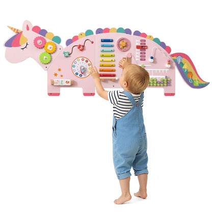 White Pink Unicorn 11-in-1 Montessori Wooden Wall Busy Board