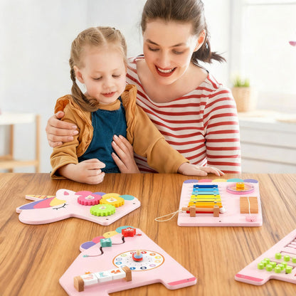 White Pink Unicorn 11-in-1 Montessori Wooden Wall Busy Board