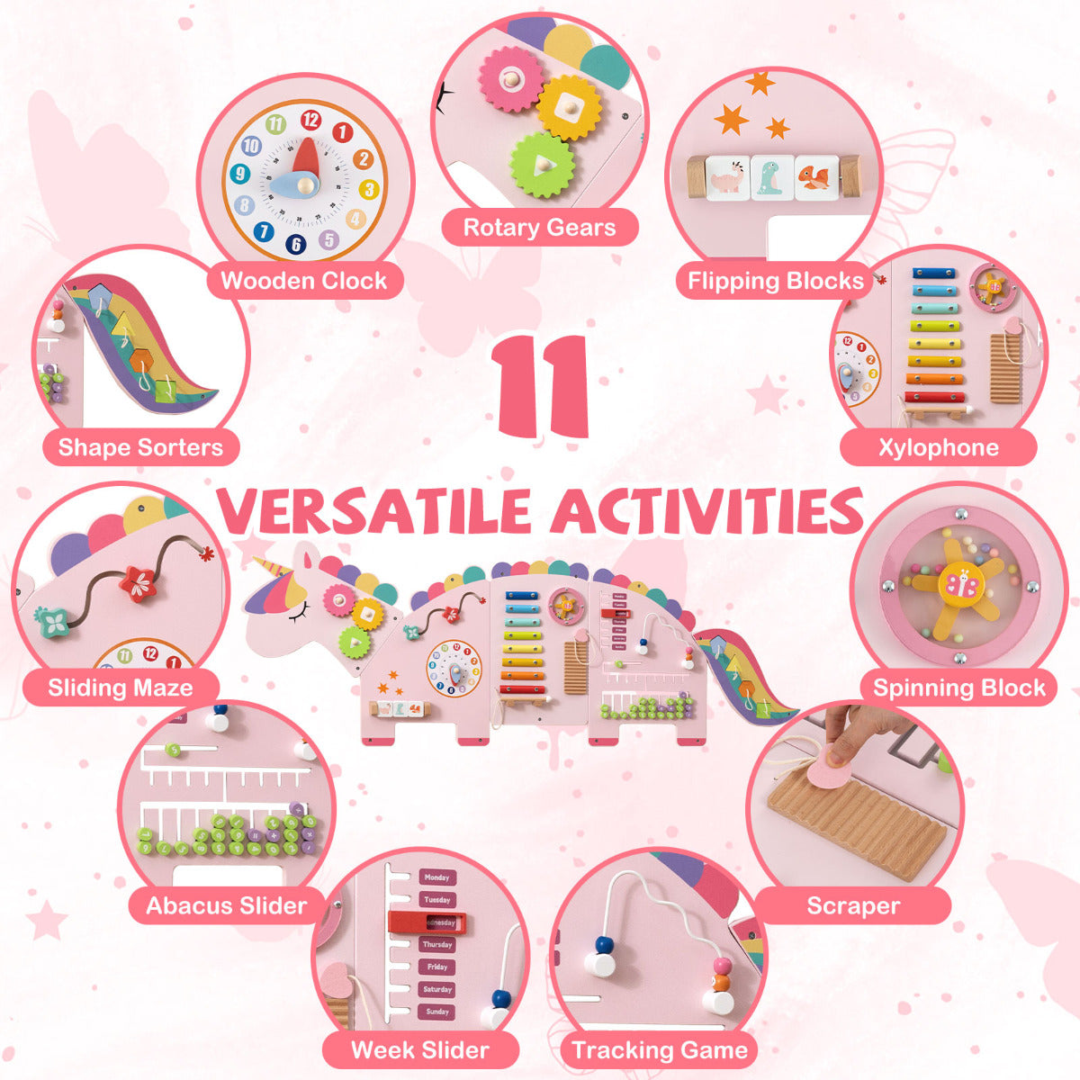 White Pink Unicorn 11-in-1 Montessori Wooden Wall Busy Board
