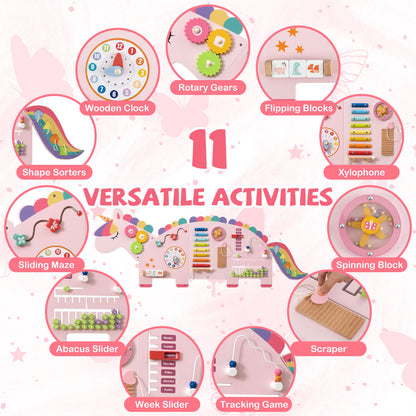 White Pink Unicorn 11-in-1 Montessori Wooden Wall Busy Board