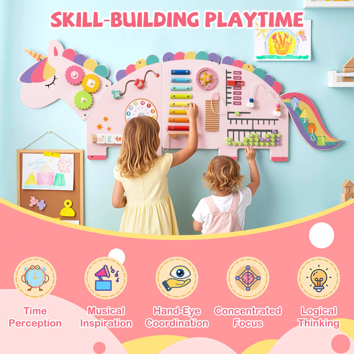 White Pink Unicorn 11-in-1 Montessori Wooden Wall Busy Board