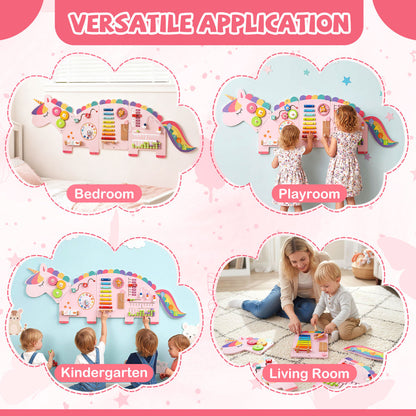 White Pink Unicorn 11-in-1 Montessori Wooden Wall Busy Board