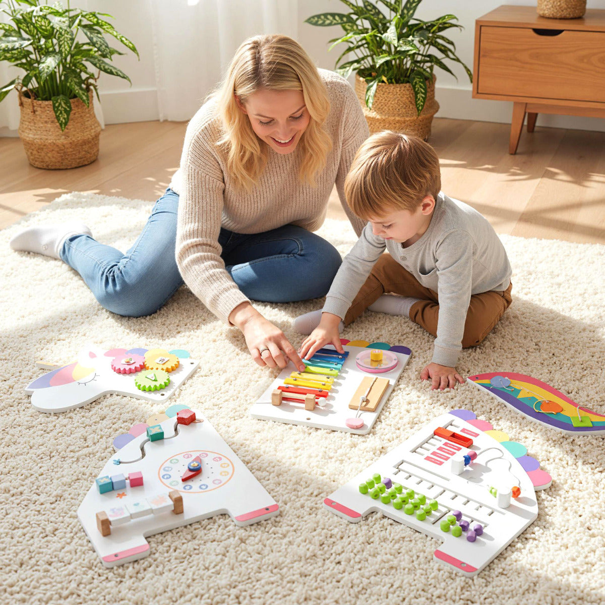 White Unicorn 11 in 1 Montessori Busy Board Wall Activity Panel