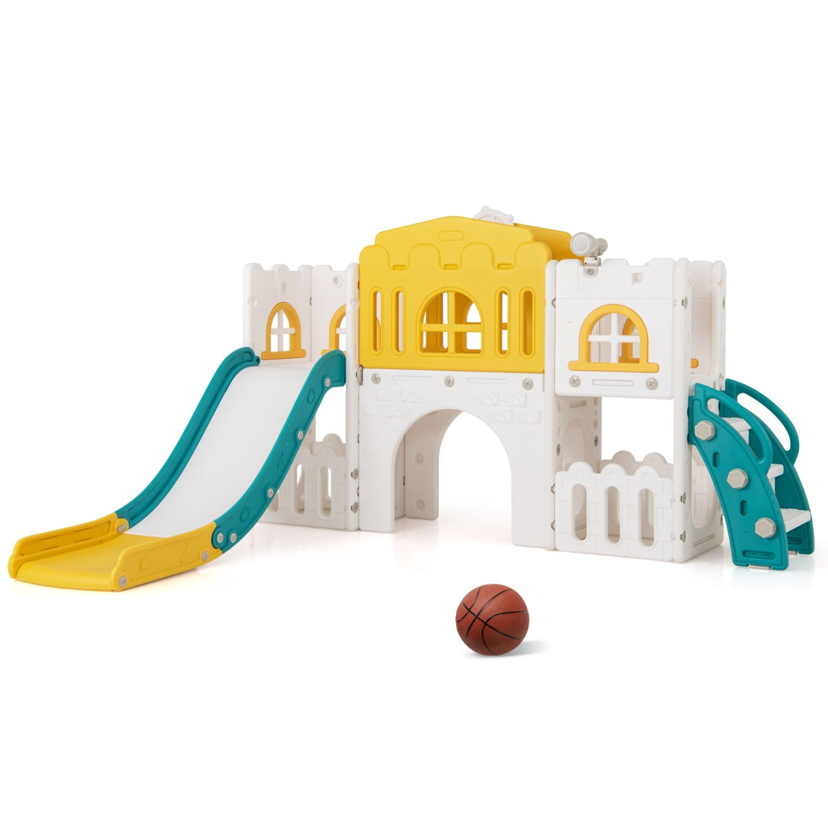 Costway All in 1 L-shaped Toddle Slide with Tunnel and Basketball Hoop for Toddlers Age 1-3-Colourful