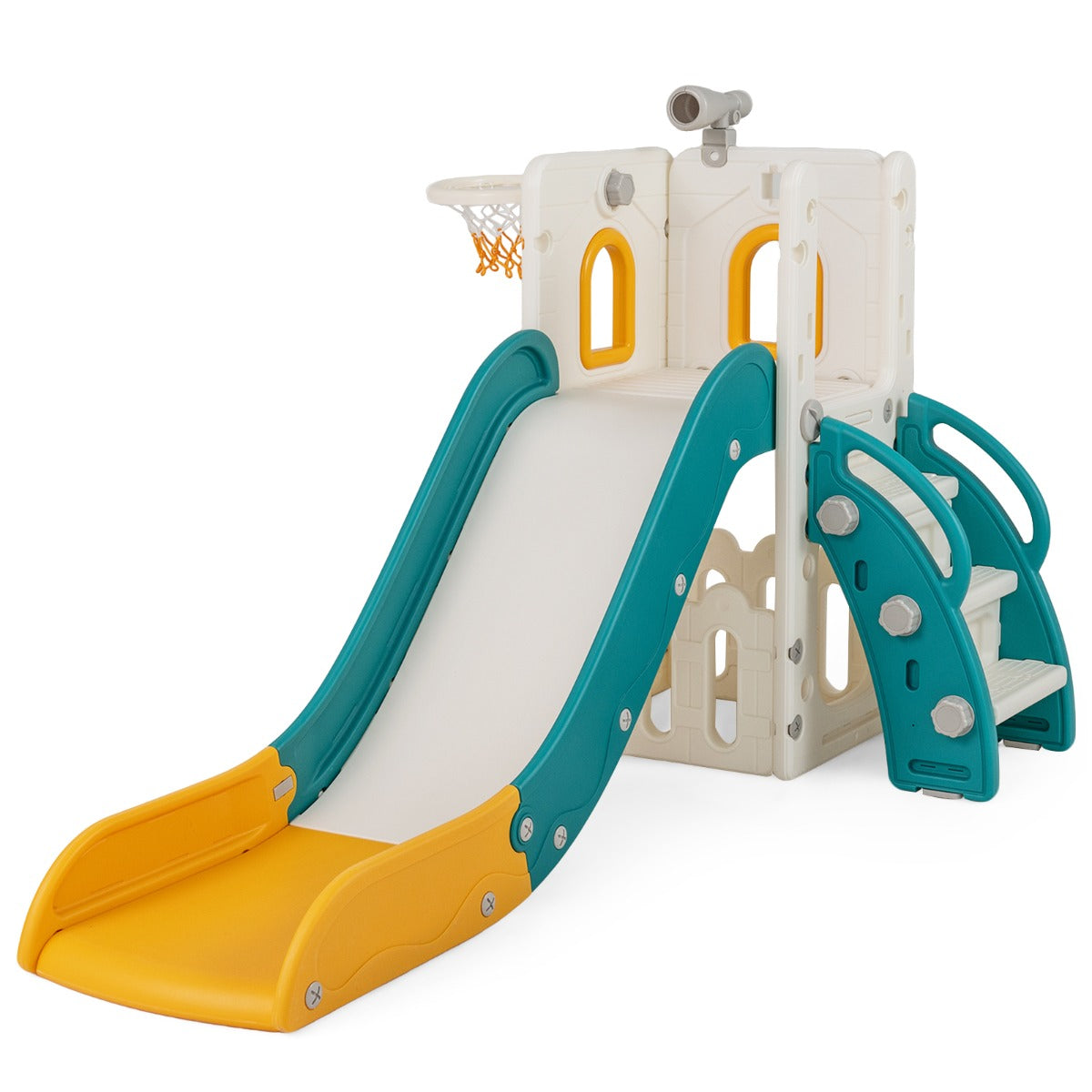 Costway 6-in-1 Toddler Slide Set with Climber Basketball Hoop and Telescope for Kids-Yellow