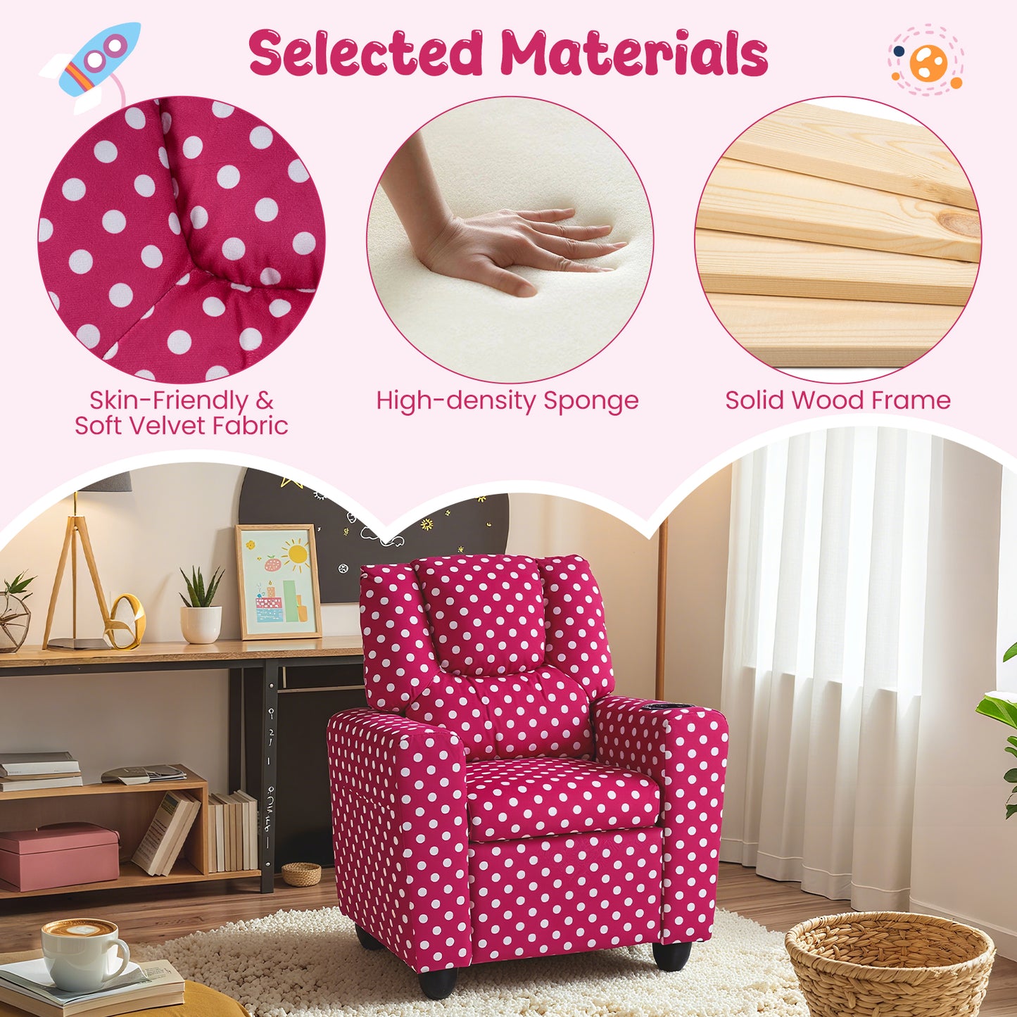 Red Velvet Toddler Recliner | Push Back Sofa with Footrest