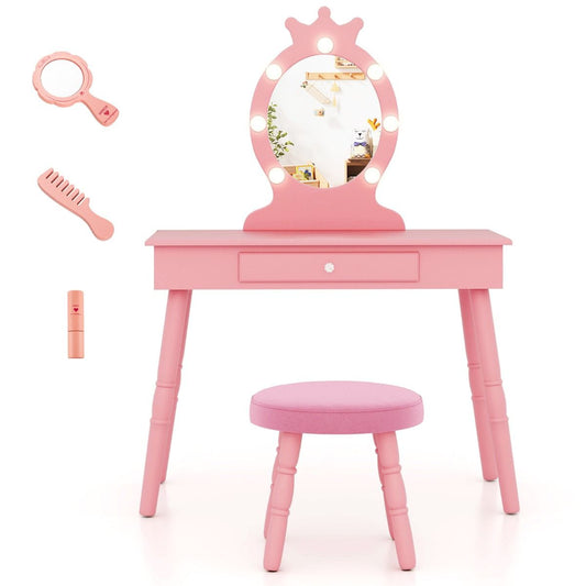 Pink princess vanity with LED mirror transforms into table, perfect for makeup play and creativity.