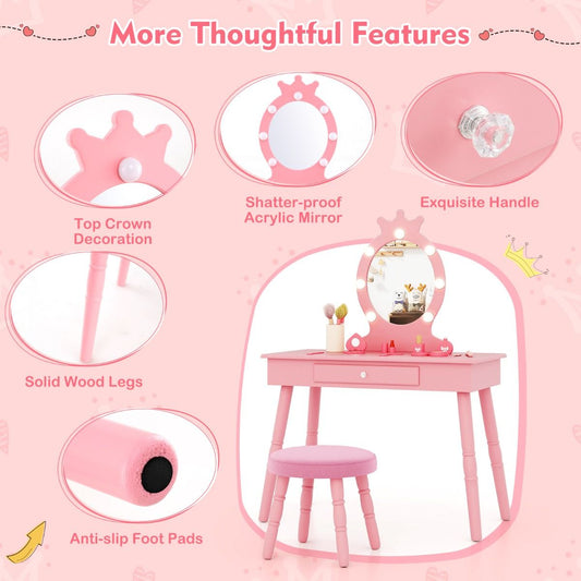 Pink princess vanity with LED mirror transforms into table, perfect for makeup play and creative activities.