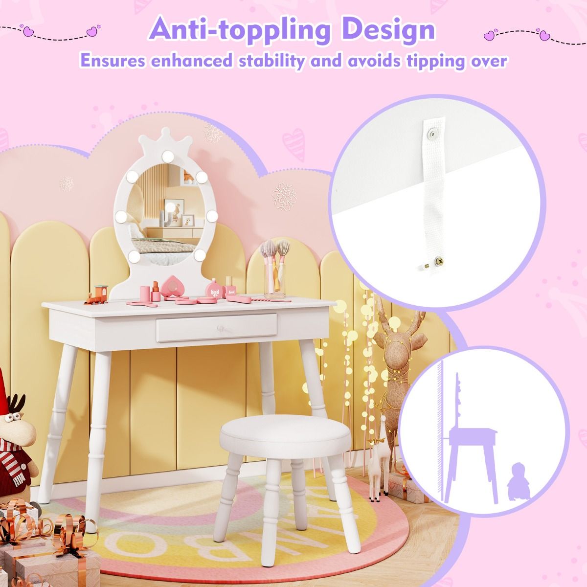 Childrens princess-themed vanity set featuring a white LED mirror and matching stool for imaginative play and dress-up fun.