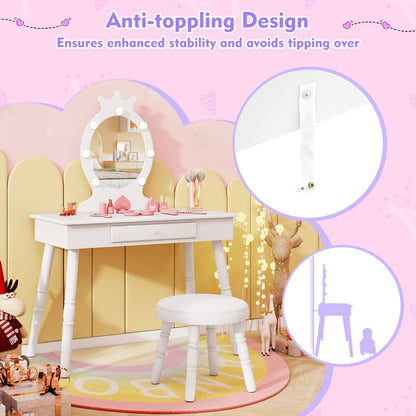 Childrens princess-themed vanity set featuring a white LED mirror and matching stool for imaginative play and dress-up fun.