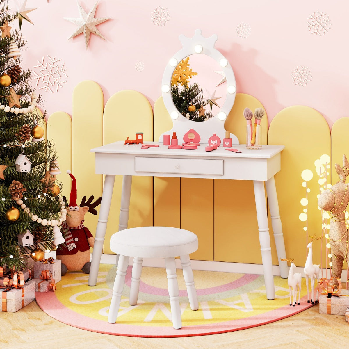 Elegant childrens princess vanity set featuring a white LED mirror and matching stool for magical dress-up play.
