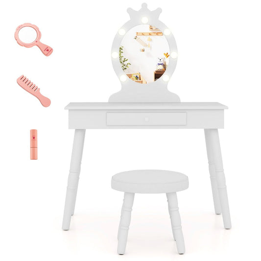 White LED-lit princess vanity set with stool, perfect for young royaltys imaginative play and grooming.