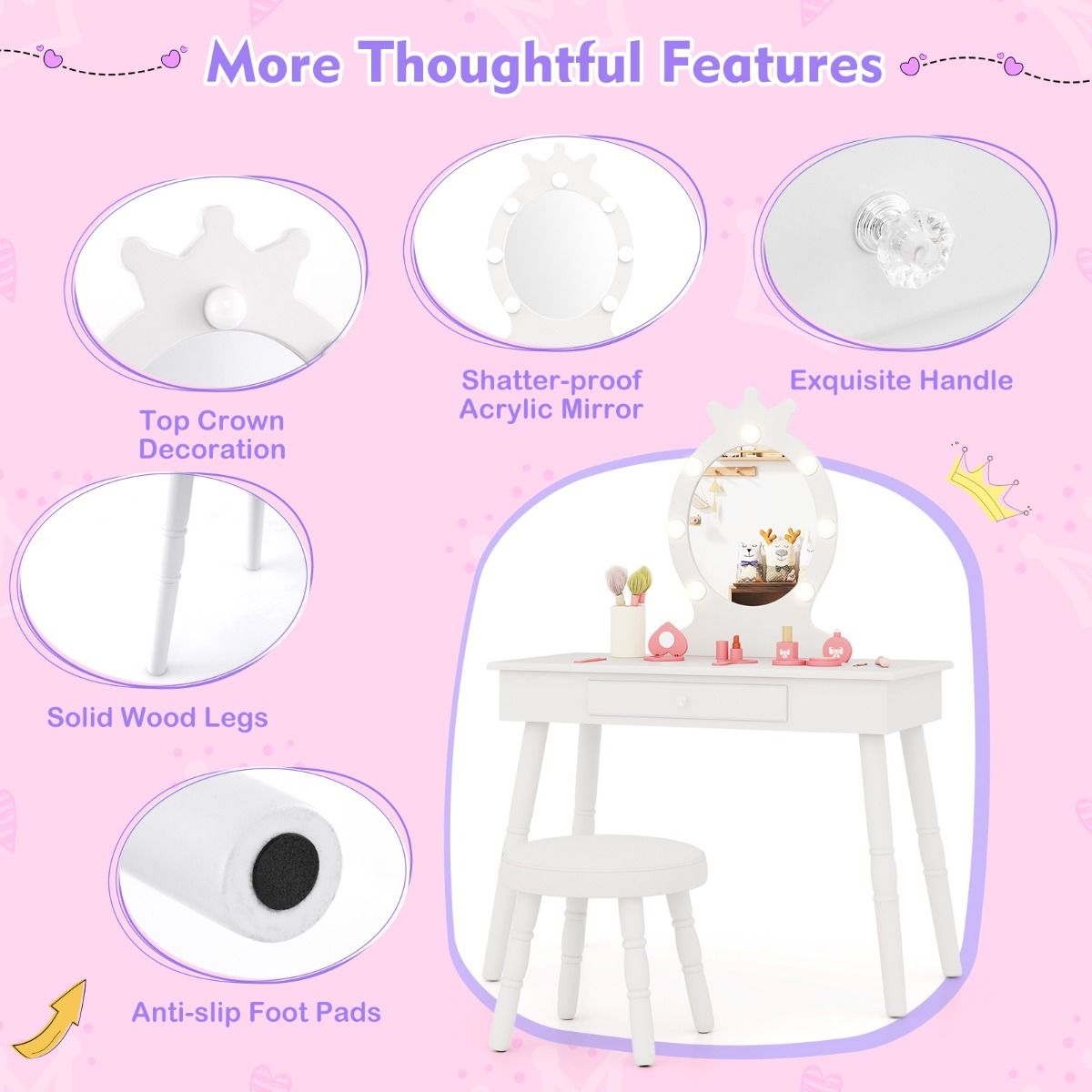 Childrens royal vanity set featuring illuminated LED mirror and matching stool for magical dress-up play.