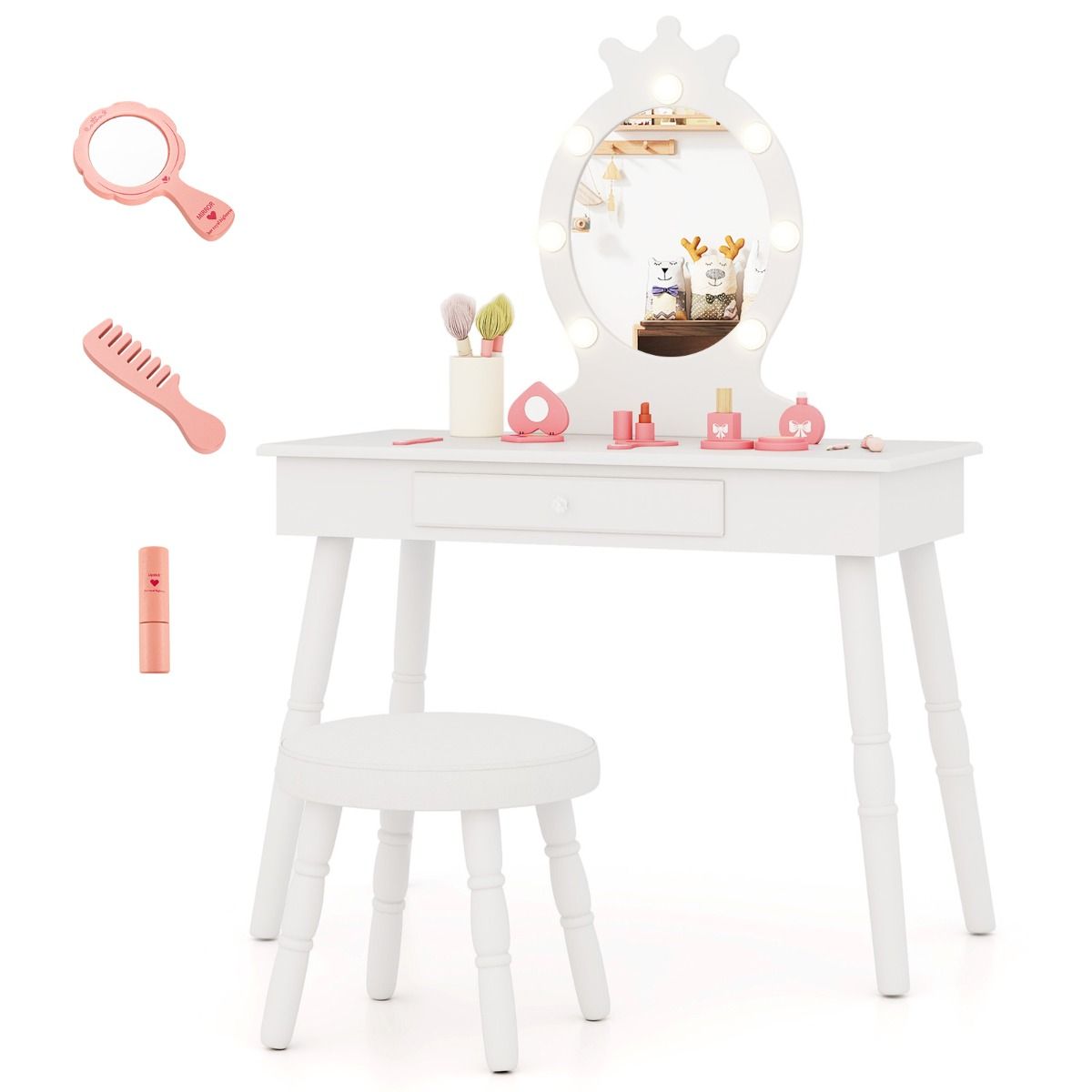 Childrens princess-themed vanity set featuring a white LED mirror and matching stool for imaginative play and dress-up fun.