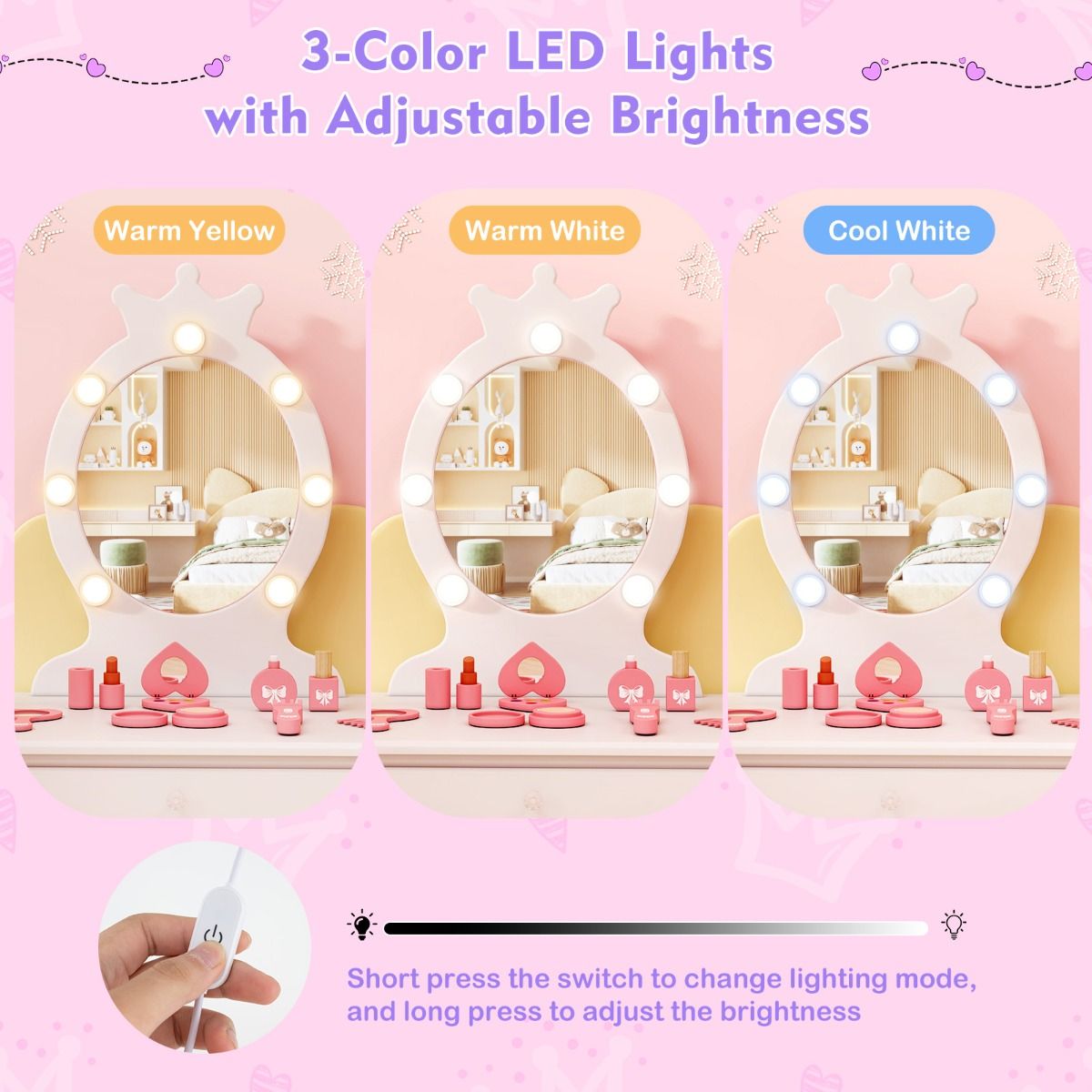 Childrens princess-themed vanity set featuring a white LED mirror and matching stool for dress-up play and grooming.
