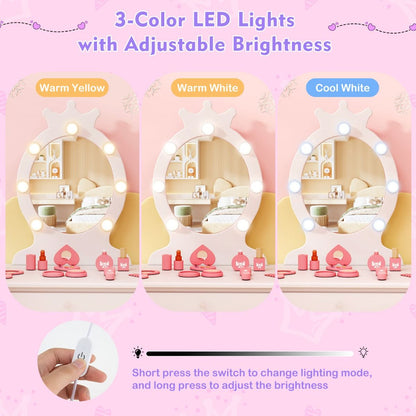 Childrens princess-themed vanity set featuring a white LED mirror and matching stool for dress-up play and grooming.