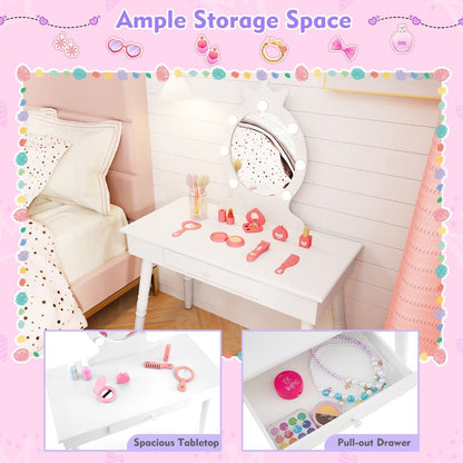 Childrens royal vanity set featuring illuminated LED mirror and matching stool for pretend play and dress-up fun.