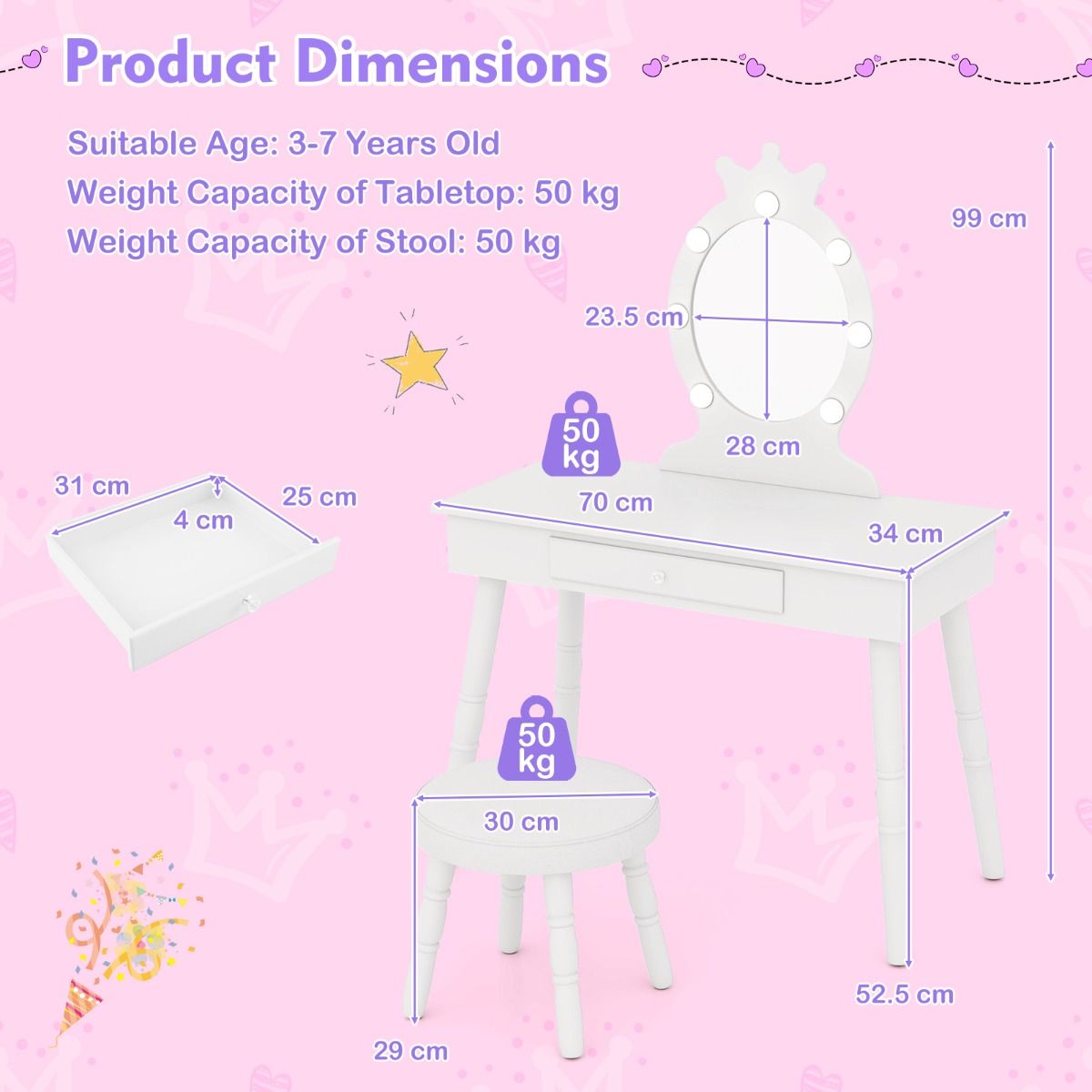 Elegant childrens princess vanity set featuring a white LED mirror and matching stool for magical dress-up play.