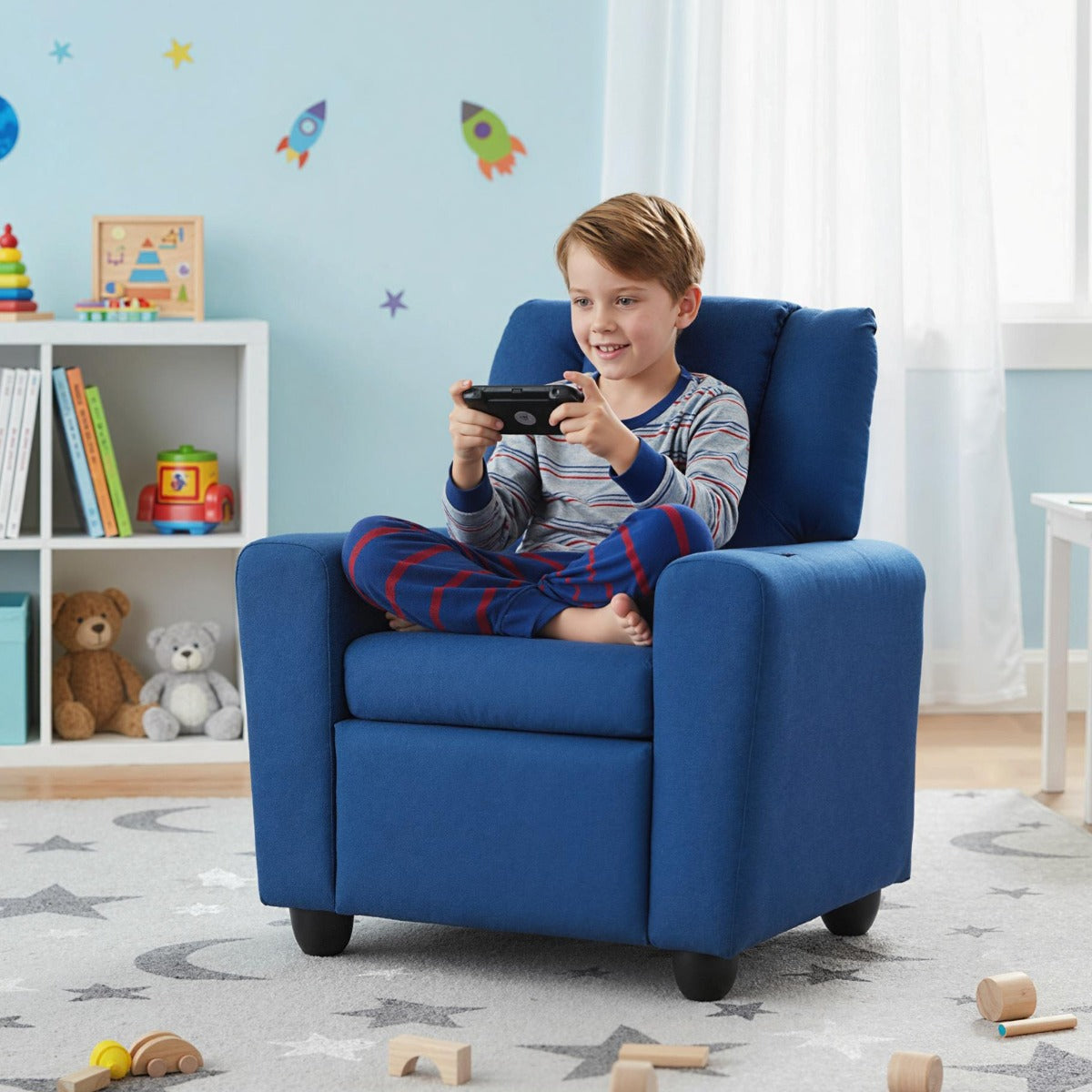 Velvet Fabric Push Back Toddler Sofa with Adjustable Backrest-Blue