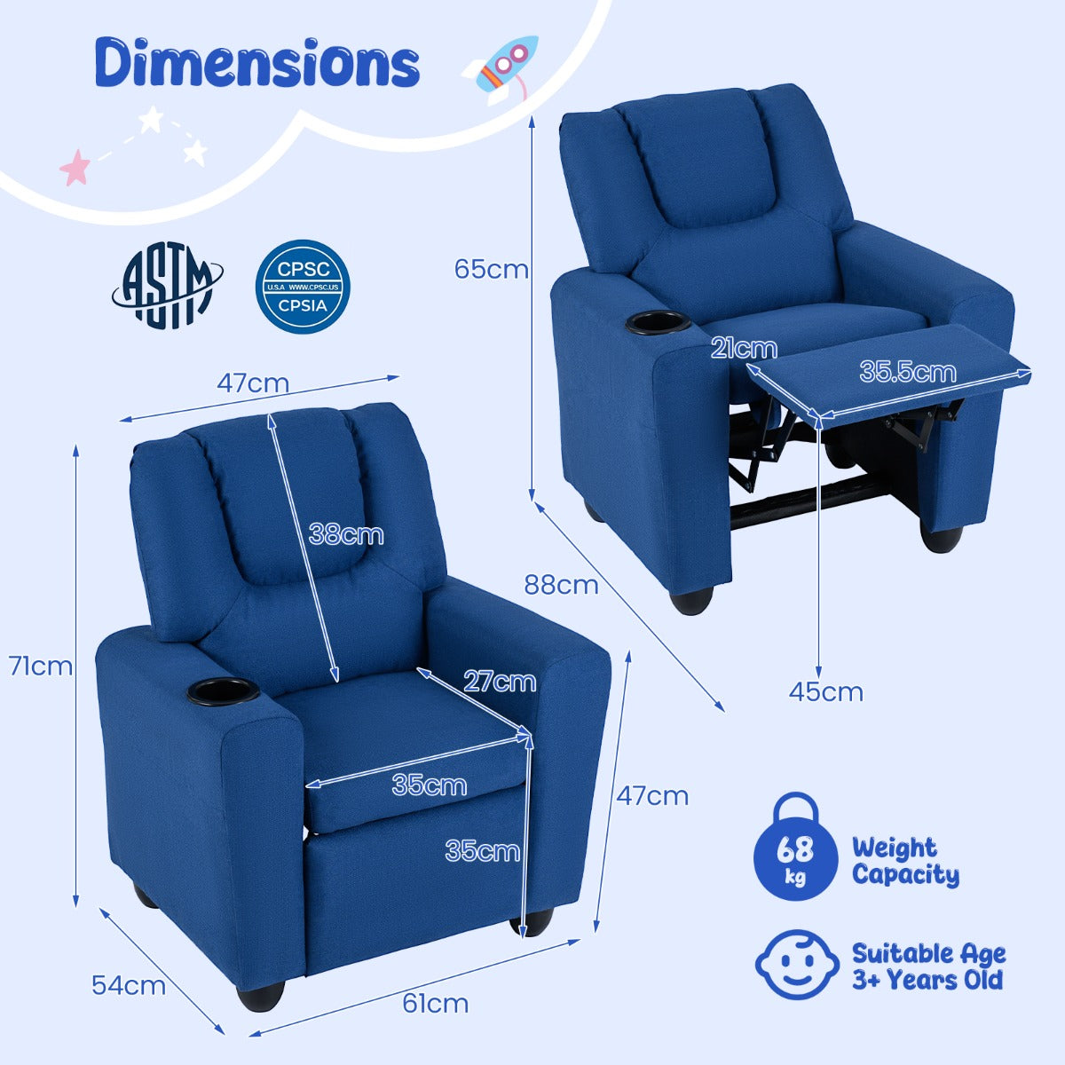 Blue Velvet Kids Recliner | Push Back Toddler Sofa with Footrest