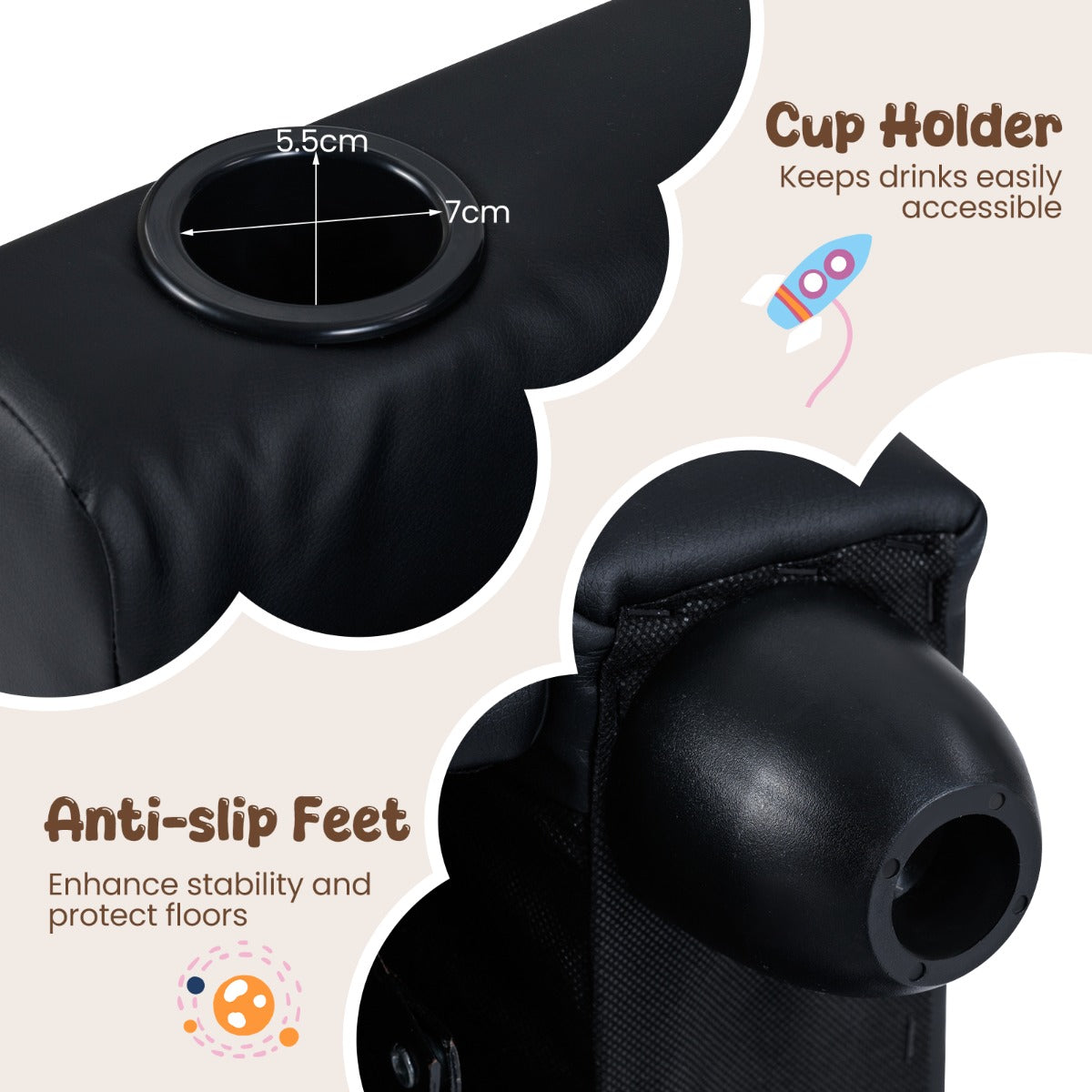 Black Velvet Kids Recliner | Push Back Toddler Sofa Cup Holder