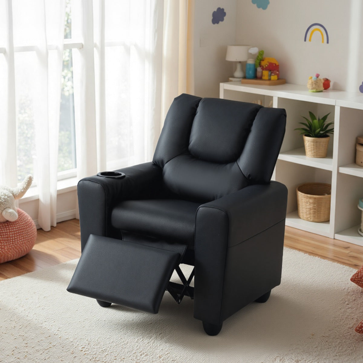 Black Velvet Kids Recliner | Push Back Toddler Sofa Cup Holder