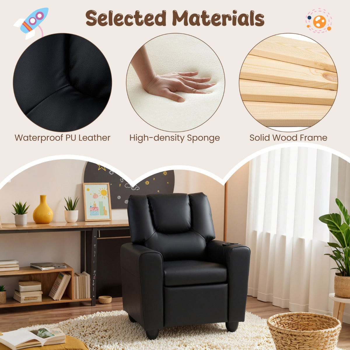 Black Velvet Kids Recliner | Push Back Toddler Sofa Cup Holder