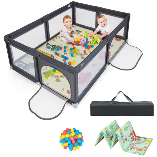 Dark grey baby playpen with ocean balls and mat for safe indoor playtime.