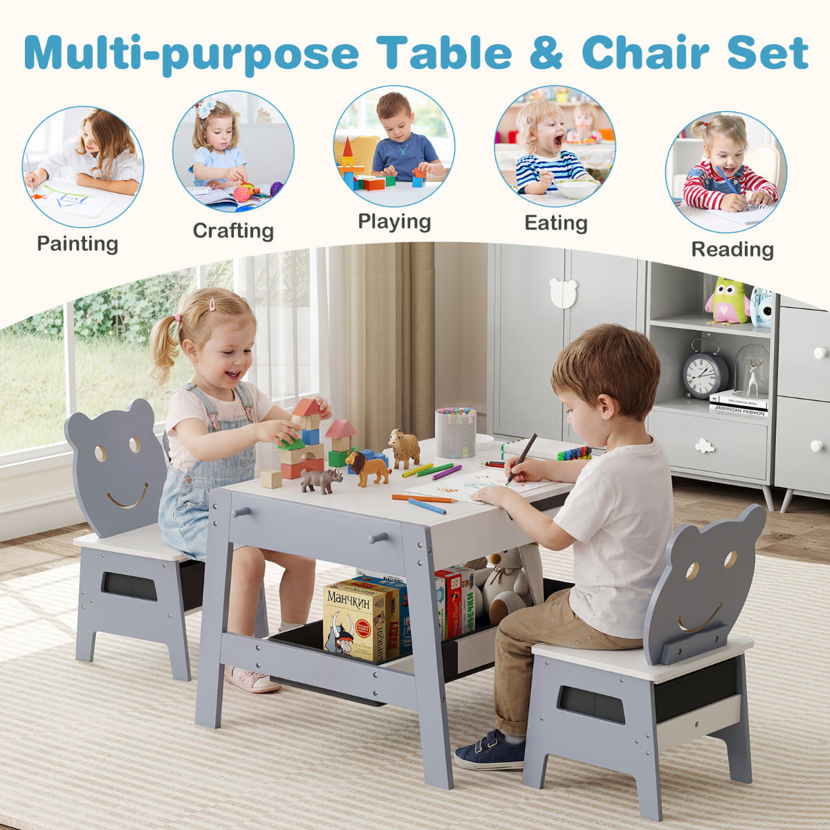 Grey Kids Table & 2 Chairs Set | Chalkboard Whiteboard Storage