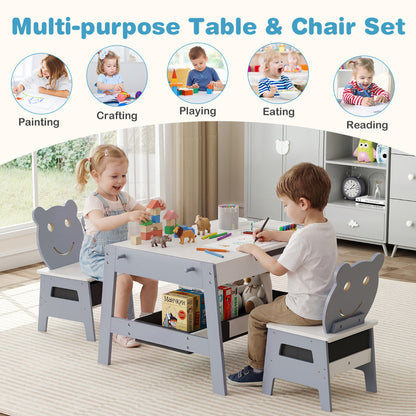 Grey Kids Table & 2 Chairs Set | Chalkboard Whiteboard Storage