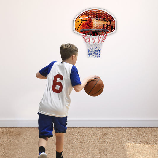 Indoor wall-mounted basketball backboard with net for kids home playroom.