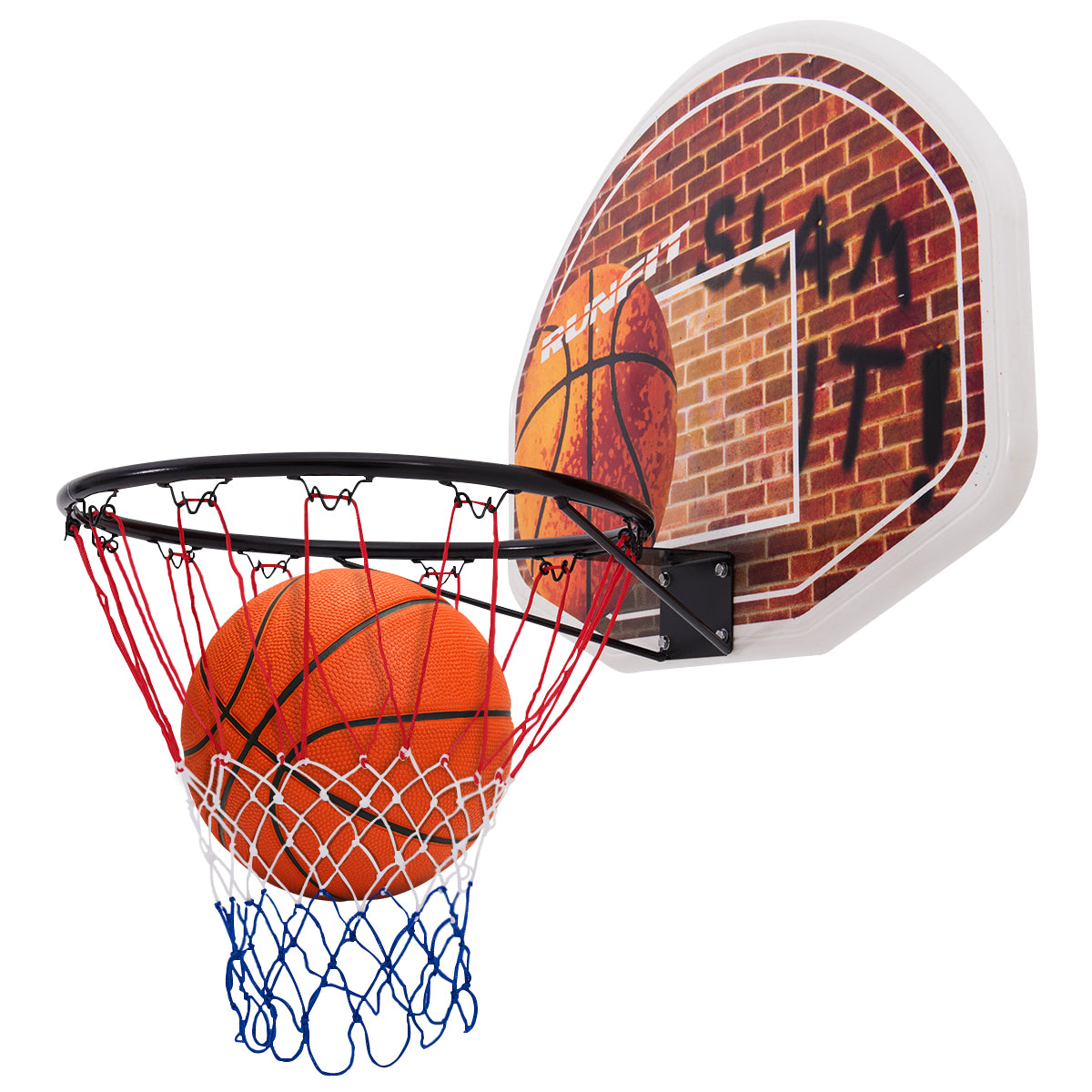 Kids wall-mounted basketball backboard for indoor play, includes net, ideal for home recreation.