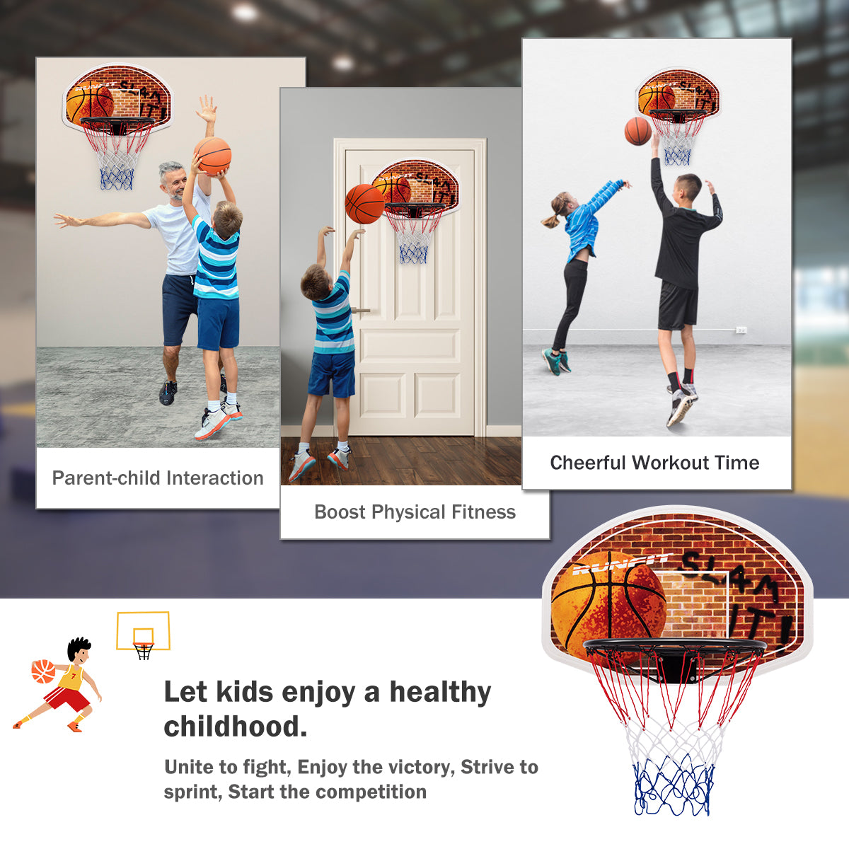 Kids wall-mounted basketball backboard for indoor play, complete with net for home entertainment.