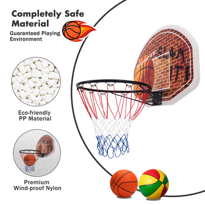 Indoor wall-mounted basketball backboard with net, perfect for kids home play activities.