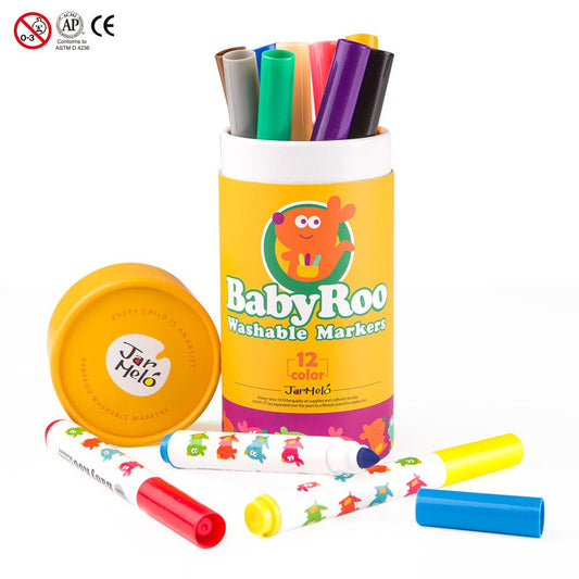 Colorful set of 12 washable markers for young childrens home arts and crafts activities.