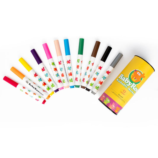 Baby Roo washable markers in 12 colors, safe and vibrant for kids creative projects.